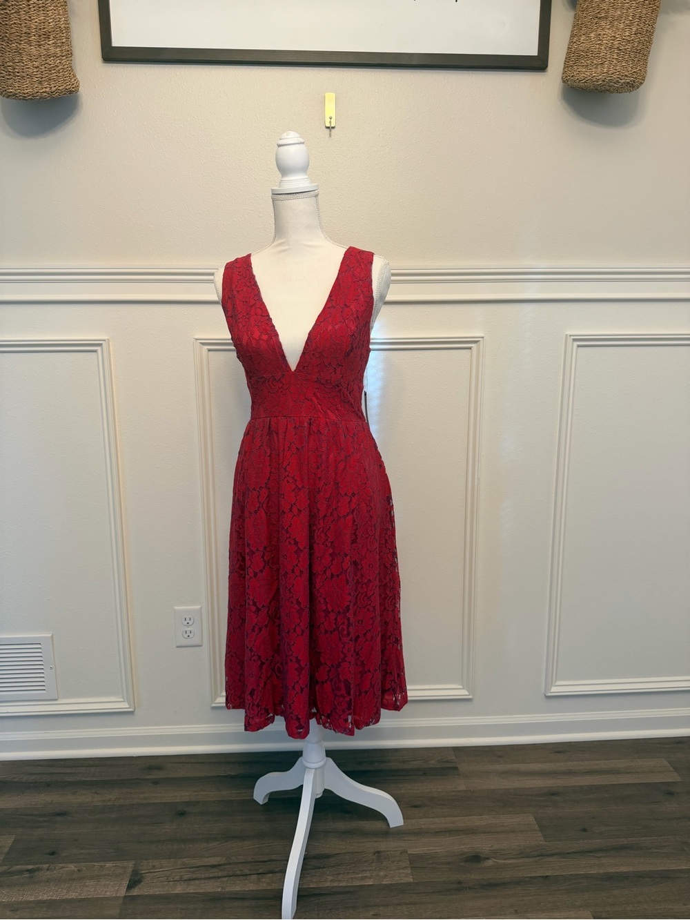 Deep V-Neck Red Lace Midi Dress